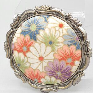 Hand Painted Floral Flower Round Brooch Lacquered Artist Signed Multicolor 2.25"